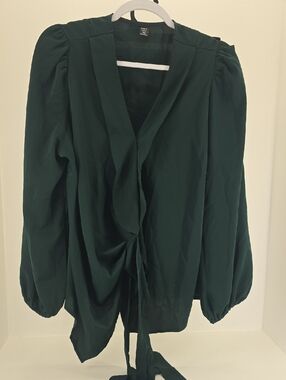 SHEIN Dark Green Tie-Front Puff Sleeve Blouse